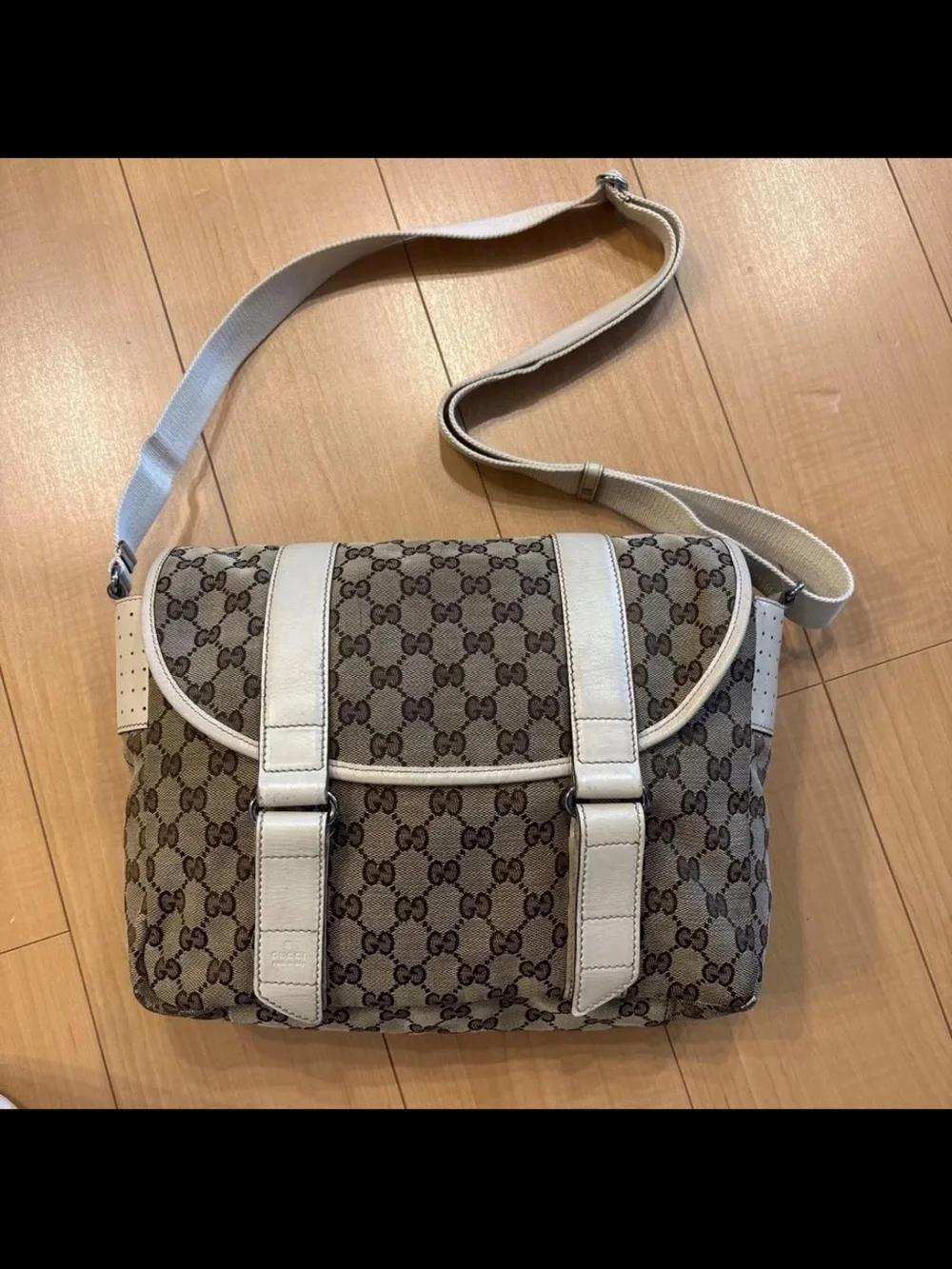 Gucci Beige Monogram Messenger Bag with White Trim